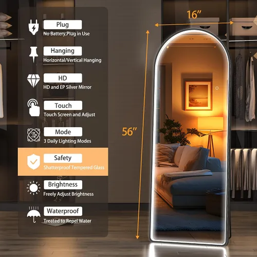 Miniatura 2 de Hasipu Espejo LED de Cuerpo Completo de 56" x 16", Espejo de Arco de Cuerpo Completo con Luces, Vidrio de Cuerpo Completo de Piso con Soporte, Negro