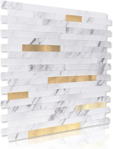 Miniatura 4 de Art3d - Azulejo para cocina, baño, 10 hojas despega y pega, color blanco adornado con metal dorado. Volakas Blanco + Metal Oro