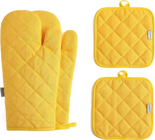 Juego de 4 guantes para horno y soportes para ollas, resistentes al calor, 500 grados, extra gruesos, largos, de algodón, para cocina (12 pulgadas,