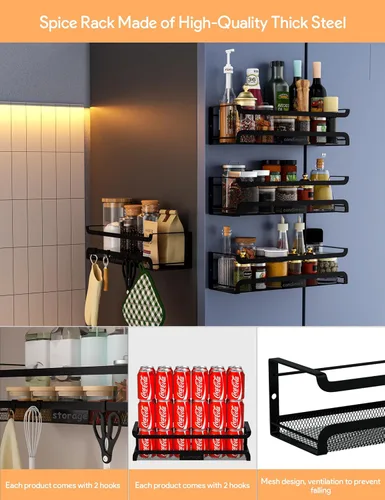 Miniatura 5 de Estante de especias de pared con ganchos, organizador de especias para almacenamiento de gabinetes, estante colgante de pared, organizador de Negro