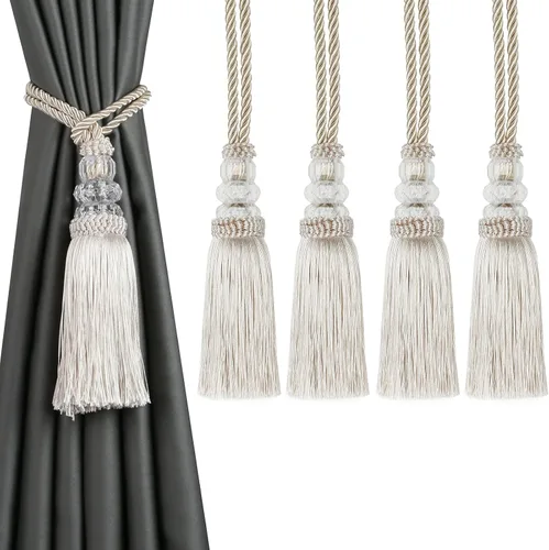 Miniatura 20 de Alzapaños de cortina con borla, alzapaños elegantes y decorativos para exteriores, lazos modernos de cuerda para ventanas con ganchos, para Beige