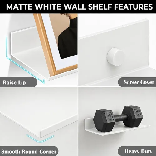 Miniatura 4 de Z metnal Estantes de pared, estantes flotantes, estante de baño de metal para organización de almacenamiento, aluminio, montado en la pared, blanco