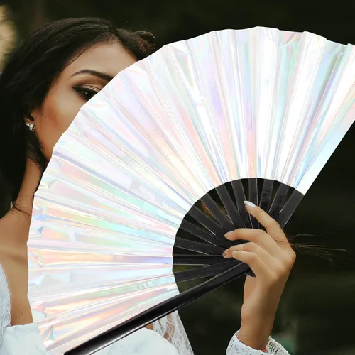 Miniatura 5 de EXCEART Abanico plegable para rave, ventilador de mano plegable holográfico chino japonés de bambú para festivales de Halloween, fiestas