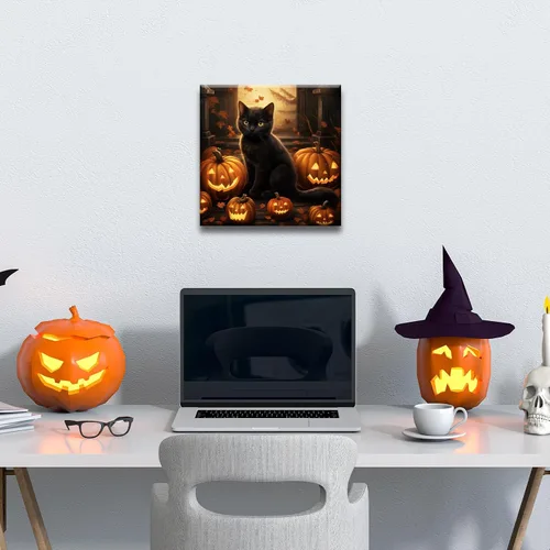 Miniatura 4 de YONICA Lienzo decorativo de Halloween para pared de sala de estar, decoración del hogar, calabaza de Halloween y gato negro sobre lienzo, obra