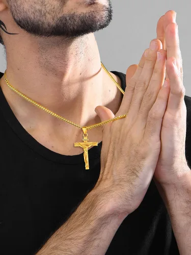 Miniatura 7 de U7 Colgante de cruz de crucifijo para hombre con cadena de bautismo, joyería cristiana, acero inoxidable, oro de 18 quilates, collar antiguo