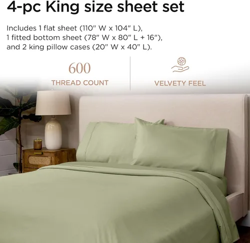 Miniatura 2 de Threadmill Juego de sábanas de 100 % algodón para cama tamaño King de 600 hilos con bolsillo profundo de 16 pulgadas, juego de ropa de cama de 4