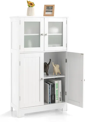 Giantex Armario de almacenamiento con puertas – Armario de piso de baño, armario alto independiente con 2 puertas de vidrio templado, estante Blanco