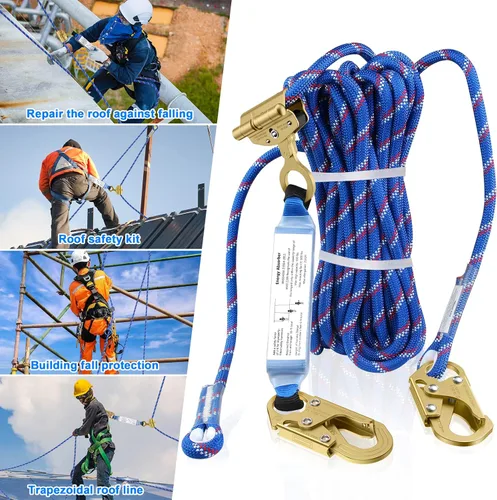Miniatura 7 de Conjunto vertical de cuerda de vida de 25 pies, cuerda de protección contra caídas con dos ganchos de agarre de cuerda, amortiguador