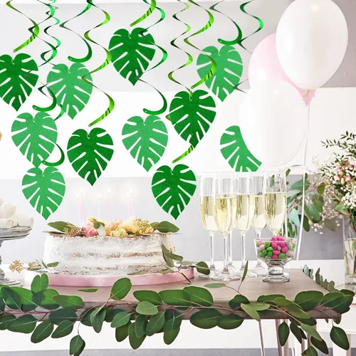 Miniatura 3 de Ireer 64 piezas hawaianas Luau para fiesta, hojas de palmera, remolinos, colgantes, hojas con purpurina, hojas verdes, tropicales, safari, selva