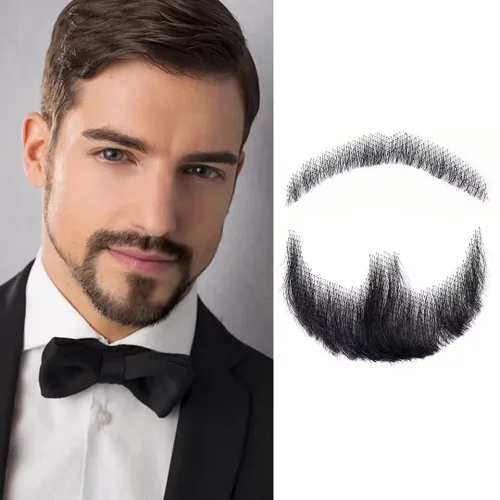 Barba falsa de cabello 100 % humano, barba facial negra, cabello humano realista, cabello facial atado a mano, encaje invisible, bigote falso para
