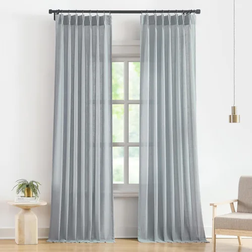 Vision Home - Cortinas semitraslúcidas con plisado de pellizco azul gris, de lino texturizado mezclado, para filtrar la luz, para ventana, para sala