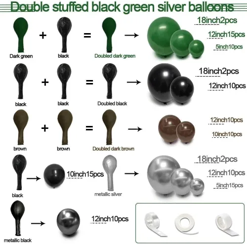Miniatura 3 de Arco de globos de látex negro y verde, guirnalda de globos de látex de doble relleno, color verde oscuro, marrón, plateado, para camuflaje
