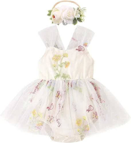 Miniatura 21 de IDOPIP Conjunto de 2 piezas para bebé recién nacido, con diadema, bordado de flores, tutú, princesa, fiesta de cumpleaños, conjunto de ropa