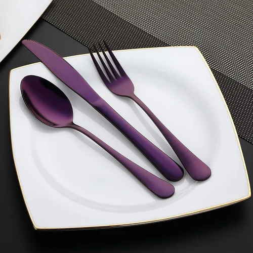 Miniatura 3 de DEVICO Utensilios portátiles, juego de cubiertos de viaje y campamento, 8 piezas, incluyendo cuchillo, tenedor, cuchara, palillos, cepillo de Púrpura