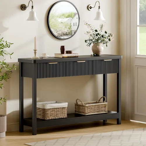 Miniatura 3 de Lulive Mesa Consola Acanalada de 51" para Entrada, Mesa de Entrada con 3 Cajones de Madera, Mesa Estilo Granja Detrás del Sofá para Sala de Estar