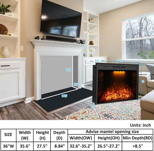 Miniatura 3 de Chimenea eléctrica de 36 pulgadas, chimenea eléctrica de pared con control remoto, troncos realistas y sonido crepitante, protección contra