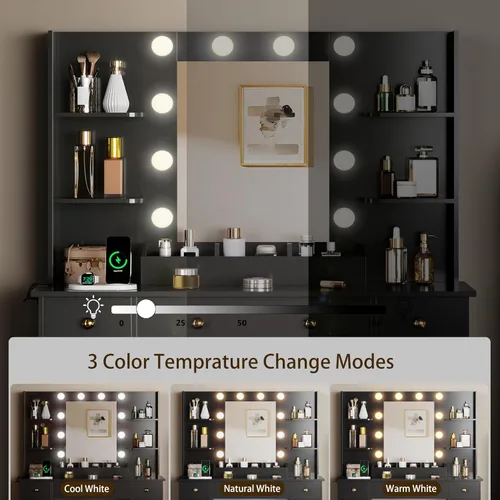 Miniatura 6 de HUANLEGO Escritorio de tocador con espejo y luces, tocador de maquillaje con espejo y luces LED y toma de corriente, 3 cajones y armarios, 3 modos
