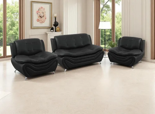 Miniatura 9 de Juego de sofá de cuero (3 piezas, cuero negro B), muebles de sala de estar para apartamento, material de estilo minimalista, fácil montaje B-cuero