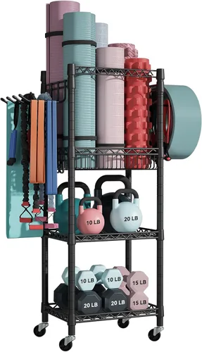 Miniatura 8 de FUTASSI Almacenamiento para Gimnasio en Casa, Organizador de Equipo de Entrenamiento de 3 Niveles con Ruedas para Esterillas de Yoga, Rodillo
