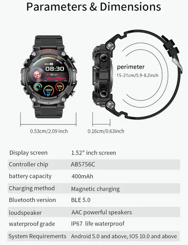 Miniatura 8 de Reloj Inteligente con Auriculares para Hombre, Llamadas Bluetooth Puede Responder y Realizar Llamadas, Música Local, Reloj Inteligente Resistente