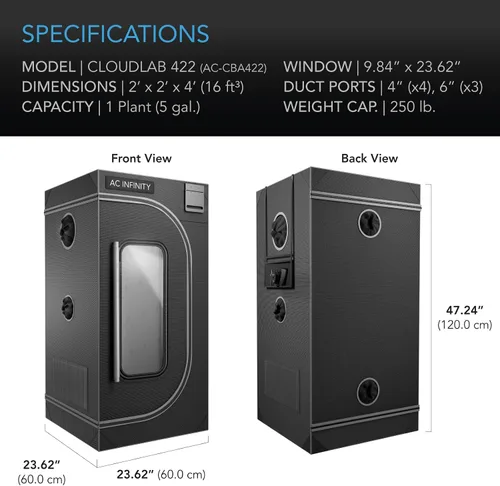 Miniatura 7 de AC Infinity CLOUDLAB 422, Tienda de cultivo avanzada 2x2, postes más gruesos de 1 pulgada, lona Mylar 2000D, alta reflectividad probada