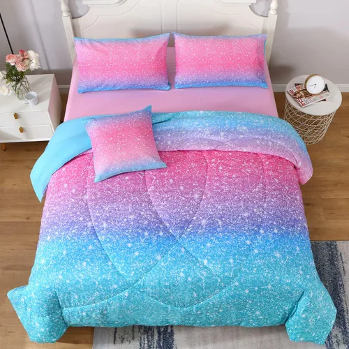 Miniatura 2 de JQinHome Juego de edredón con purpurina tamaño Queen, juego de ropa de cama de 6 piezas en una bolsa, colorido en 3D, rosa y azul, para niñas y Rosa
