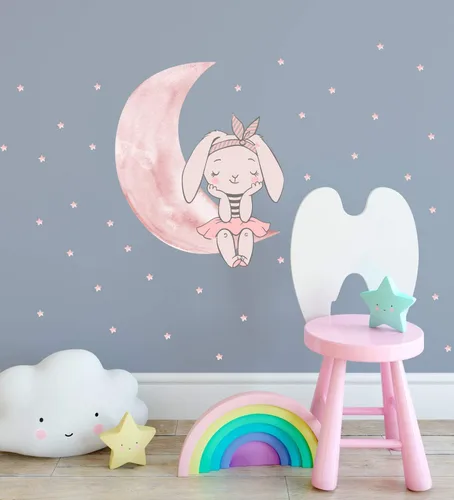 Miniatura 4 de Calcomanía de pared con diseño de conejo rosa, diseño de luna, estrellas pequeñas, para despegar y pegar, lindas calcomanías de conejito para niñas