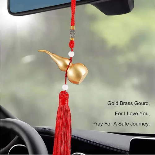 Miniatura 2 de Adornos colgantes de Feng Shui, calabaza dorada de Wu Lou, con tira de la suerte roja, tesoro ideal para colgante de automóvil, dormitorio, puerta