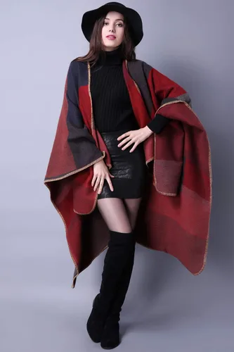 Miniatura 5 de Chal de punto para mujer, a cuadros, con parte delantera abierta, tipo poncho, tipo capa envolvente