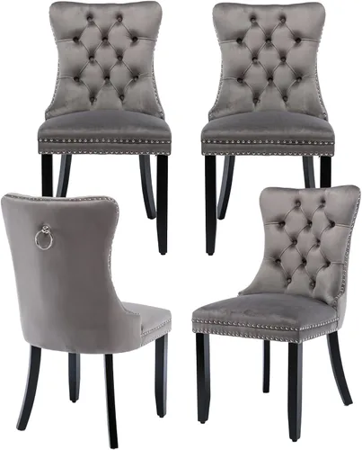 Miniatura 37 de Juego de 2 sillas de comedor, sillas de comedor tapizadas con tirador de anillo trasero, ribete de cabeza de clavo y patas de acero inoxidable Gris