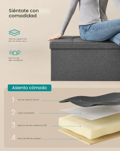 Miniatura 5 de SONGMICS Colección MAZIE - Banco otomano plegable de almacenamiento de 43 pulgadas, reposapiés otomano, banco para el final de la cama, pecho