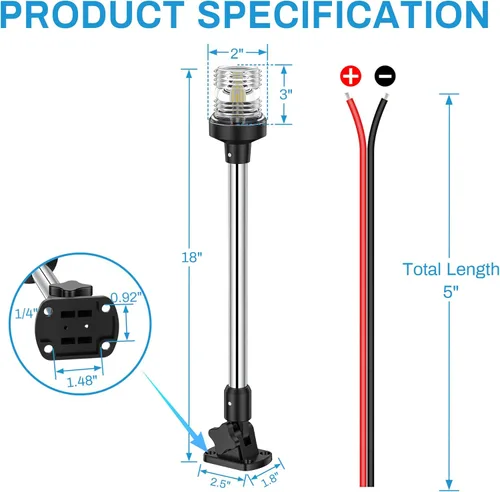 Miniatura 8 de Obcursco Luces de popa de barco, IP67 impermeable, plegable, luz LED blanca de anclaje para lanchas marinas, pontones, pesca, lubinas y Jon