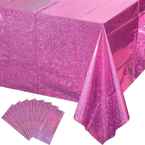 Paquete de 8 manteles de plástico iridiscente brillantes desechables láser rectangulares, cubiertas de mesa de papel holográfico iridiscente, Rosa