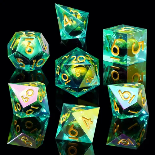 Miniatura 32 de DND Juego de dados de 8 piezas con ojo de dragón extra D20-Beholder's Eye Liquid Core Sharp Edge Resina poliédrica hecha a mano 2 × D20 D4 D6 D8 D10