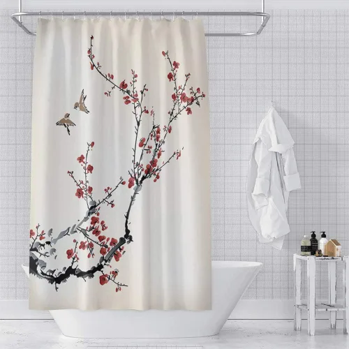 Miniatura 12 de Cortina de ducha japonesa con flores de cerezo blanco, pétalos que caen, decoración de fondo rosa, tela impermeable, cortina de baño floral