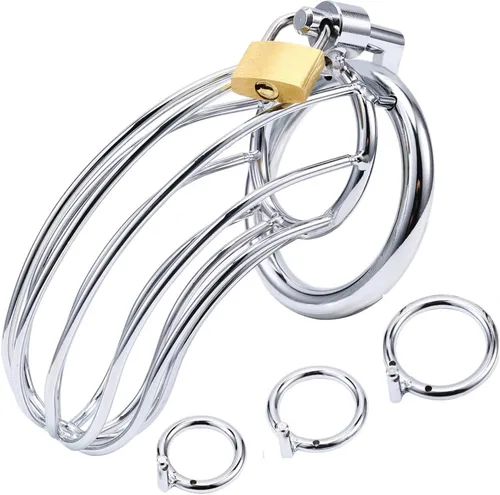 Miniatura 6 de Jaula de castidad masculina – Jaula de metal grande para pene con dispositivo de castidad bloqueado con 3 tamaños de anillos y 2 llaves, juguetes
