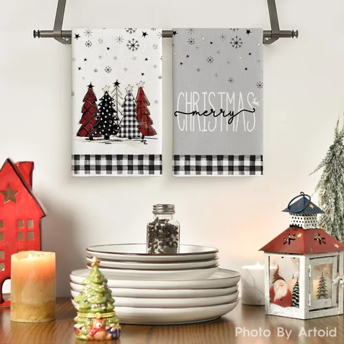Miniatura 2 de Artoid Mode Toallas de cocina con estampado de búfalo de Merry Christmas, toallas de cocina de invierno con árboles de Navidad y estrellas, toallas