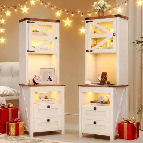Miniatura 9 de HWB Mesita de noche alta con estación de carga y luces LED, mesita de noche de estilo granja con cajón para armas y estante ajustable, mesa de noche