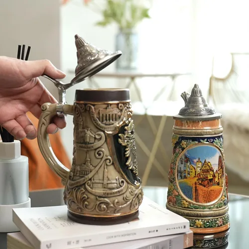 Miniatura 3 de Taza de jarra de cerveza alemana Oktoberfest bávara vikinga con tapa Petwer para hombres, padre amante de la cerveza, 0.9 litros