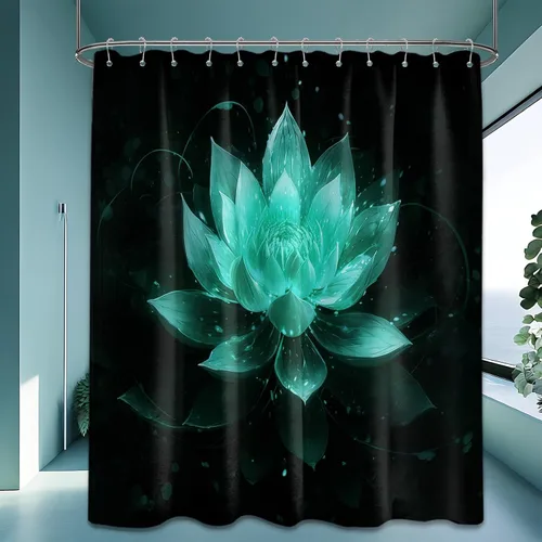 Miniatura 30 de Cortina de ducha con flores de loto negro y azul para decoración de baño, juego de cortinas decorativas de baño con estampado floral, tela