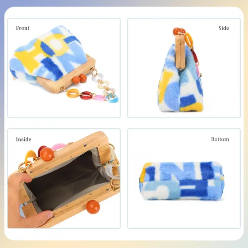 Miniatura 2 de Oweisong Bolso de mano de pana novedoso para mujer, bolso cruzado de piel sintética con cierre de beso de madera, bolso de hombro de felpa