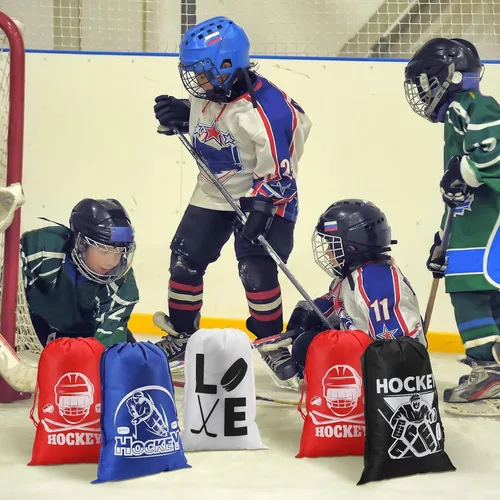 Miniatura 6 de Berlune 24 bolsas de regalo de hockey para fiestas de hockey, bolsas deportivas con cordón para temática deportiva, fiesta de cumpleaños, baby