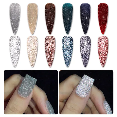 Miniatura 10 de GAOY Juego de esmalte de uñas de gel con brillantina reflectante de 6 colores, incluye colores rosa, plateado, rojo, verde, kit de esmalte de gel