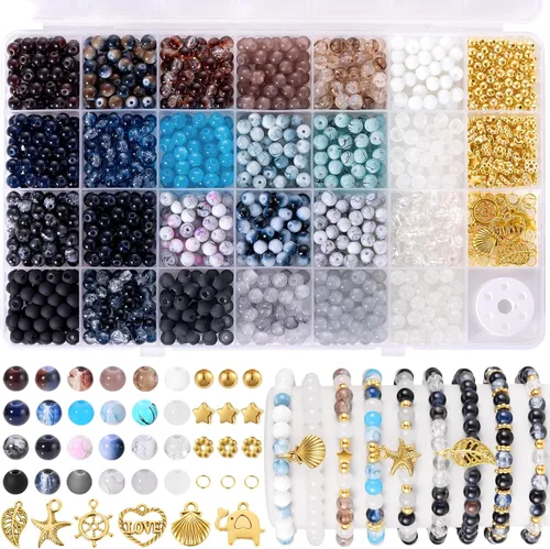 Miniatura 11 de 1368 piezas de cuentas de vidrio de 6 mm para pulseras, 34 colores de cuentas de cristal para hacer joyas, cuentas redondas de vidrio Funtopia