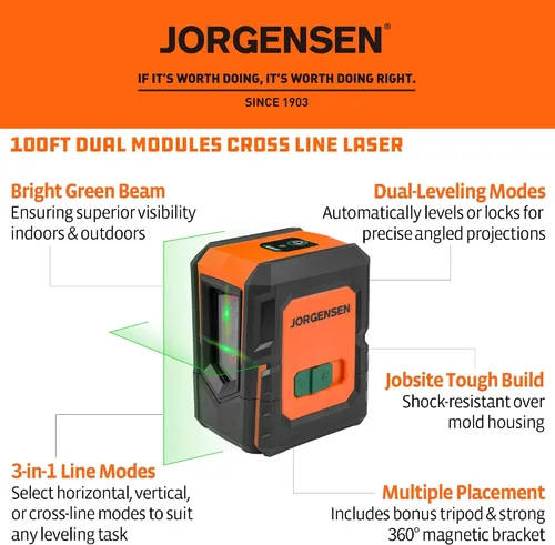 Miniatura 2 de JORGENSEN Nivel Láser con Trípode, Módulos Duales de 100 FT Herramienta Niveladora Láser de Línea Cruzada Autonivelante con Base Magnética de 360°