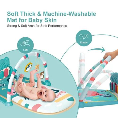 Miniatura 6 de dearlomum Tapete de juego para bebé y piano para tiempo de barriga, alfombrilla de actividad sensorial para bebés con 5 juguetes, música y luces