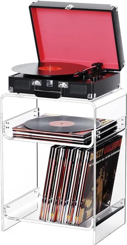 Miniatura 17 de Mesa para tocadiscos de acrílico con estante de almacenamiento, mesa auxiliar transparente para noche (verde, grande)