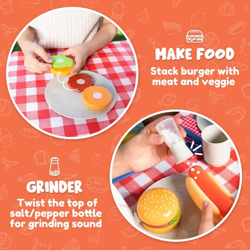 Miniatura 5 de 27 piezas de juego de parrilla de barbacoa para niños, juguete de parrilla de barbacoa de patio trasero, juego de juguetes de parrilla para niños