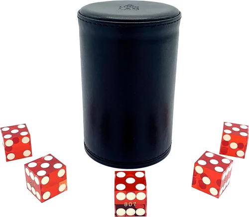Miniatura 8 de Luck Lab Taza apilable de cuero negro con 5 dados de casino serializados con borde de maquinilla de afeitar de 0.748 in, taza recta profesional