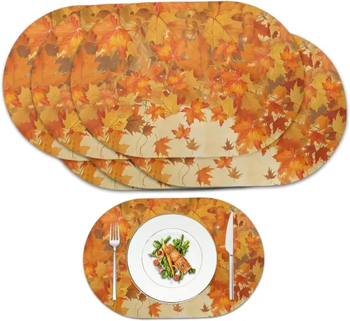 Miniatura 15 de Non Slip Placemats Set of 6 Pumpkin Mushroom Theme Waterproof Wipeable Faux Leather for Thanksgiving Family Feast Heat Resistant Dining Table Mats